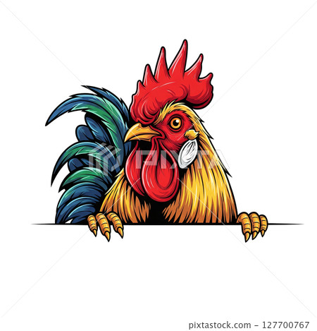A curious chicken peeks over a surface with a vibrant, illustrative style. 127700767