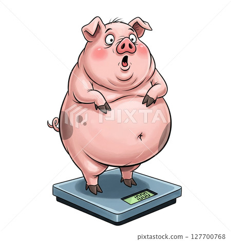 A surprised, fat pig stands on a weighing scale. 127700768