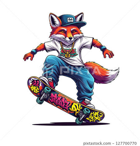 A stylish fox in streetwear performs a skateboarding trick. 127700770