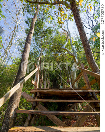 Wooden staircase at Wat Phu Tok in northeastern Thailand 127700780