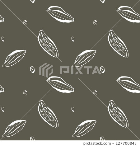 Seamless cardamom pattern with hand drawn outline pods and seeds on earthy olive background for packaging and textile 127700845