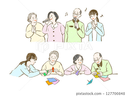 福利與照護:一群老人與一位女性照護員在進行休閒活動 福利與照護:一群老人與一位女性照護員在進行休閒活動 127700848