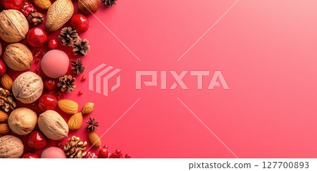 Colorful arrangement of nuts and decorative elements on a pink background during a festive gathering in a cozy indoor setting 127700893