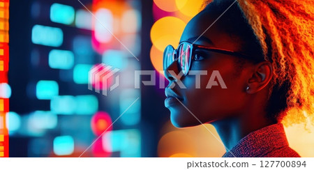 Young woman with glasses looking thoughtfully at neon lights in a busy urban setting at night 127700894