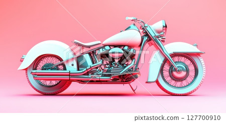 Vintage motorcycle with striking pink background showcases unique design and craftsmanship while standing out in an artistic setting 127700910