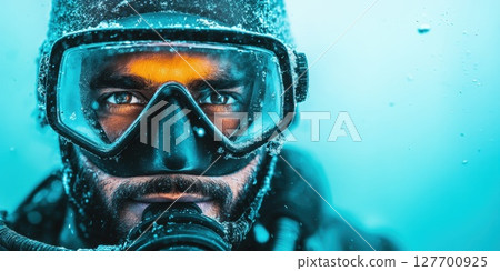 Diving adventure in icy waters showcasing a scuba diver's determination and focus in an exhilarating underwater exploration experience 127700925