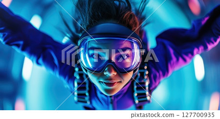 Young woman enjoying indoor skydiving experience in vibrant tunnel surrounded by colorful lights Young woman enjoying indoor skydiving experience in vibrant tunnel surrounded by colorful lights 127700935