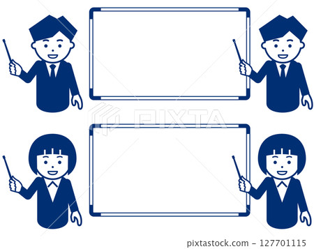 A man and a woman in a navy suit pointing at a whiteboard 127701115