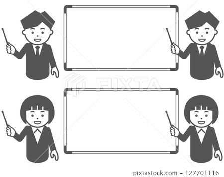 A man and a woman in a gray suit pointing at a whiteboard 127701116