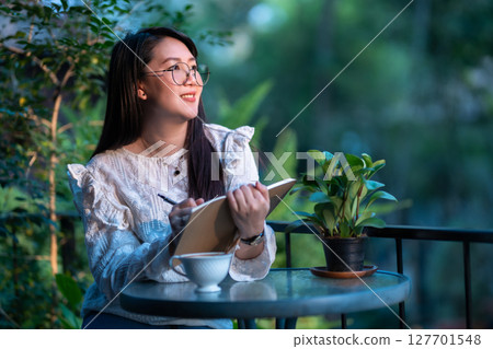 Happy of asian freelance people Businesswoman Taking written Notes to on notebook with a coffee cup mug felt like relaxing in coffee shop like the background,Business Lifestyle. 127701548