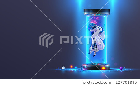 AI neural network. A female robot with artificial intelligence in a capsule in the fetal position is connected to the network by wires. AI cyborg learning in cyberspace hibernation. Sci-fi ai cyborg. AI neural network. A female robot with artificial intelligence in a capsule in the fetal position is connected to the network by wires. AI cyborg learning in cyberspace hibernation. Sci-fi ai cyborg. 127701889