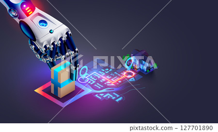 AI manages automated delivery of orders from warehouse to buyer. AI software management delivery. AI logistics of online store. AI plots the optimal route around the city for fast delivery of orders. AI manages automated delivery of orders from warehouse to buyer. AI software management delivery. AI logistics of online store. AI plots the optimal route around the city for fast delivery of orders. 127701890