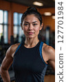 AI-generated image of a woman smiling at the gym 127701984