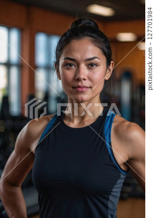 AI-generated image of a woman smiling at the gym 127701984