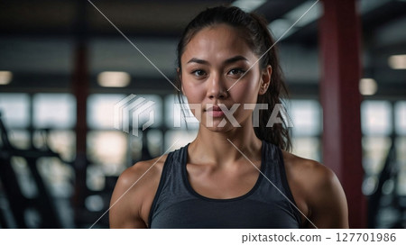 AI-generated image of a woman smiling at the gym 127701986