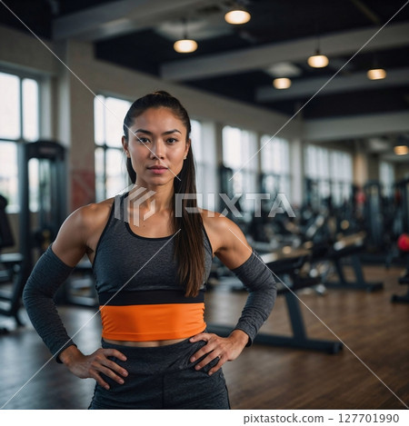 AI-generated image of a woman smiling at the gym 127701990