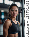 AI-generated image of a woman smiling at the gym 127701992