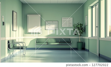 A waiting room with mint green walls and chairs 127702022