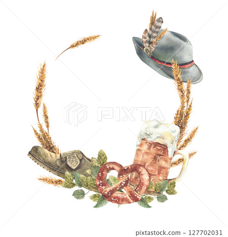 Food, drink and Bavarian traditional dress elements frame. Watercolor Mug of beer with pretzel and Germany hat and shoe. Wreath of brewing ingredients malt and hops label template. Isolated clipart Food, drink and Bavarian traditional dress elements frame. Watercolor Mug of beer with pretzel and Germany hat and shoe. Wreath of brewing ingredients malt and hops label template. Isolated clipart 127702031