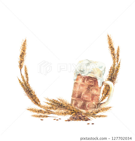 Watercolor beer mug with spikes and grains of malt circle frame. Hand drawn clipart for craft beer labels, German Oktoberfest pub drink menu, brewery branding template. Natural foamy beverage Isolated 127702034