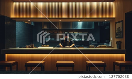 一位廚師在設有櫃檯座位的餐廳準備食物 127702088