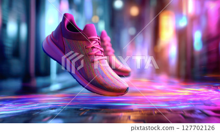 Colorful athletic shoes are floating above a vibrant urban street, illuminated by neon lights, showcasing modern design and dynamic energy 127702126
