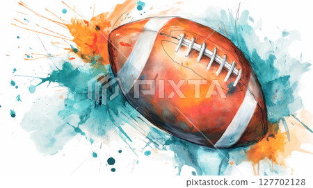 Watercolor illustration of a football surrounded by colorful splashes, capturing the dynamic energy of the sport and its vibrant atmosphere 127702128