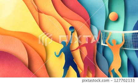 Colorful paper cut illustration of athletes playing sports, showcasing dynamic movement and energy in a vibrant abstract background design 127702133