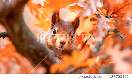 Squirrel peeking through vibrant autumn leaves, showcasing its curious expression and the beauty of nature in a colorful forest environment 127702161