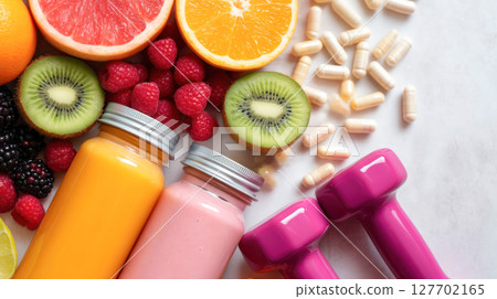 Colorful assortment of fresh fruits, smoothies, and dumbbells arranged on a light surface, promoting healthy lifestyle and fitness choices 127702165
