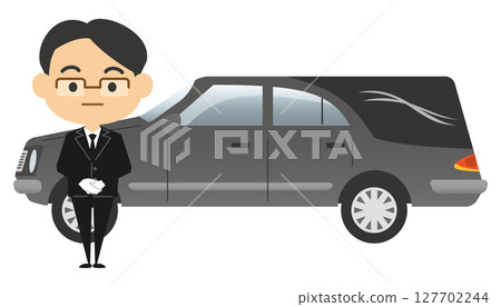 一位男性葬儀社和一輛靈車的插圖 127702244