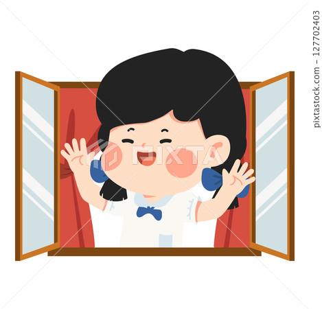 Illustration of Girl Waving from Window Illustration of Girl Waving from Window 127702403