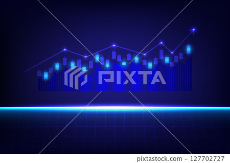 Financial chart with candlesticks and uptrend line with rectangle grid, abstract technology 127702727