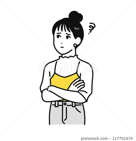 Arms folded, thinking, worried, bun hair, young woman, illustration material 127702870
