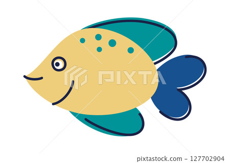 Flat cartoon vector illustration of colorful tropical fish with yellow body, blue and green fins. Exotic marine animal in bright kids style for underwater themes, childrens products, ocean education Flat cartoon vector illustration of colorful tropical fish with yellow body, blue and green fins. Exotic marine animal in bright kids style for underwater themes, childrens products, ocean education 127702904