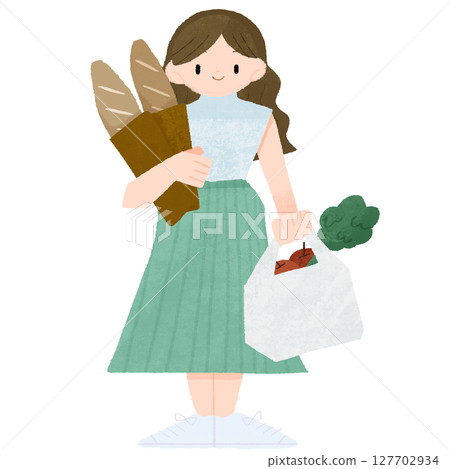一位手持麵包和購物袋的女子的變形彩色插圖 一位手持麵包和購物袋的女子的變形彩色插圖 127702934