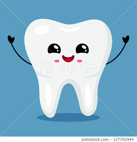 Smiling Kawaii Tooth Character on Blue Background Smiling Kawaii Tooth Character on Blue Background 127702944