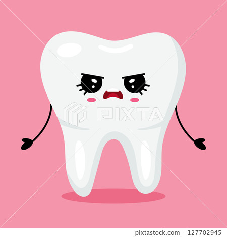 Cute Angry Tooth Character on Pink Background 127702945