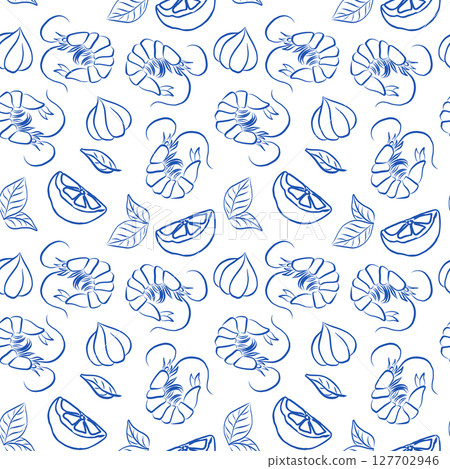 Seamless Blue Line Pattern with Shrimps, Garlic, Citrus and Leaves 127702946