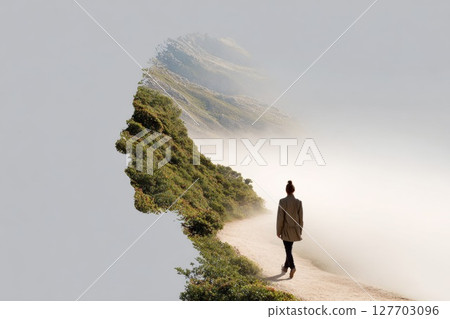 Silhouette of a person walking along a misty path surrounded by lush greenery and mountains 127703096