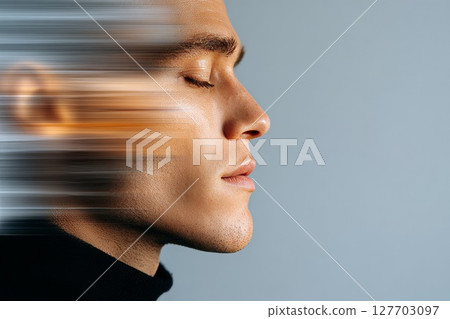 Male portrait with motion blur effect showcasing dynamic energy and modern aesthetics 127703097