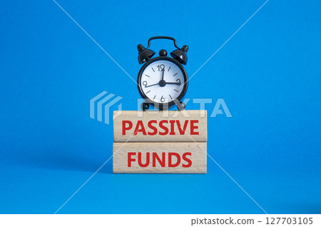 Passive Funds symbol. Concept words Passive Funds on wooden blocks. Beautiful blue background with alarm clock. Business and Passive Funds concept. Copy space. Passive Funds symbol. Concept words Passive Funds on wooden blocks. Beautiful blue background with alarm clock. Business and Passive Funds concept. Copy space. 127703105