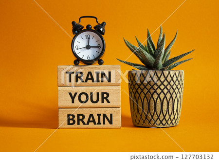 Train Your Brain symbol. Concept words Train Your Brain on wooden blocks. Beautiful orange background with succulent plant and alarm clock. Healthcare and Train Your Brain concept. Copy space. Train Your Brain symbol. Concept words Train Your Brain on wooden blocks. Beautiful orange background with succulent plant and alarm clock. Healthcare and Train Your Brain concept. Copy space. 127703132
