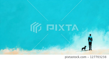 Man and dog enjoy a tranquil moment by the beach under a bright blue sky during a serene afternoon 127703238