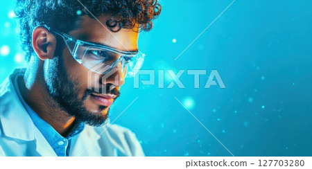 Human male scientist wearing protective eyewear engages in research activity with glowing particles around in a laboratory setting during evening hours Human male scientist wearing protective eyewear engages in research activity with glowing particles around in a laboratory setting during evening hours 127703280