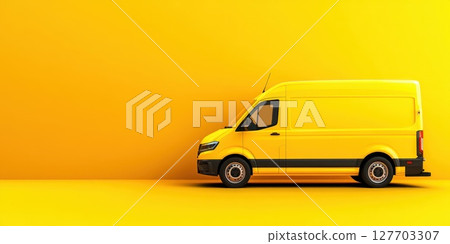 Bright yellow delivery van parked against a vivid yellow wall creating a striking monochromatic backdrop in an urban setting during daylight hours Bright yellow delivery van parked against a vivid yellow wall creating a striking monochromatic backdrop in an urban setting during daylight hours 127703307