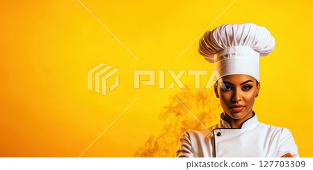 Young female chef stands confidently against vibrant yellow background showcasing culinary skills and artistry in modern kitchen attire 127703309