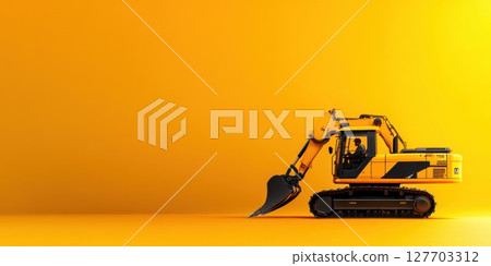Heavy construction machinery operates on an orange background with a focus on the digger's arm and driver at work on a bright day 127703312