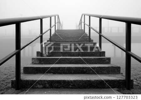 Concrete stairs leading upward through fog with railing and mysterious atmosphere 127703323