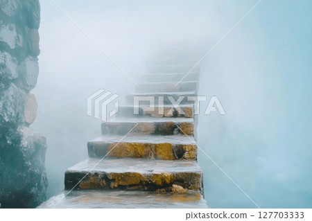 Stone staircase leads into misty atmosphere, creating a mysterious and serene environment Stone staircase leads into misty atmosphere, creating a mysterious and serene environment 127703333